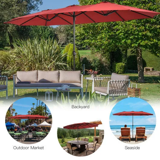 15 Feet Double-Sided Twin Patio Umbrella with Crank and Base-Red