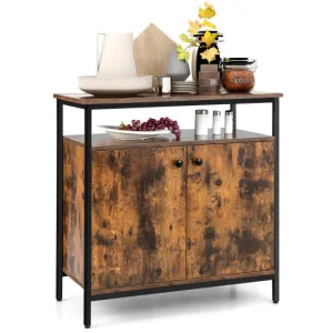 2-Door Buffet Cabinet with Shelves and Cable Management Holes-Rustic Brown