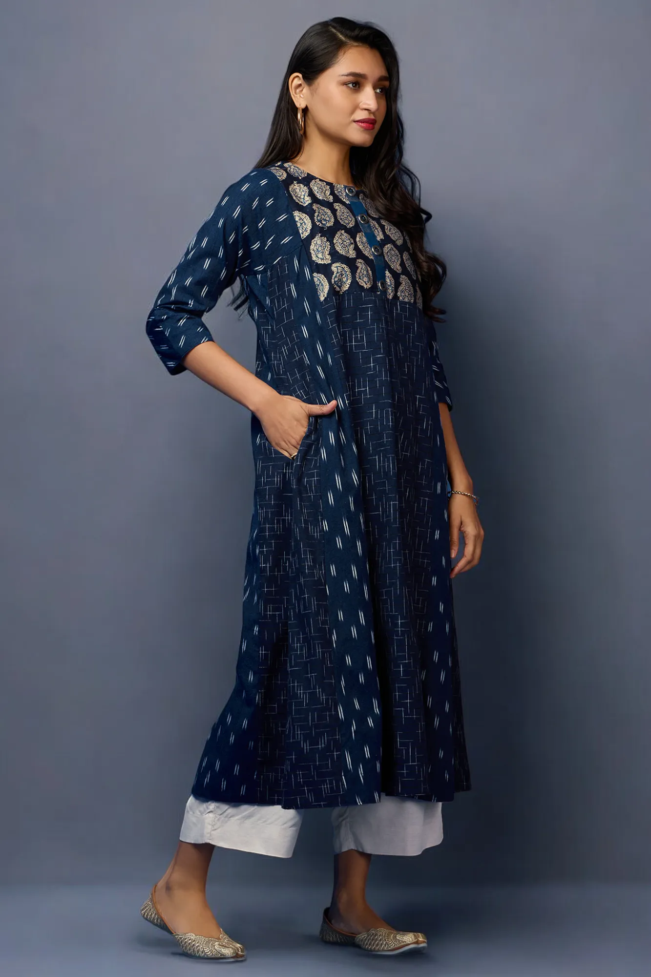 a-line kalidar kurta - Sapphire Night & Silver Blooms