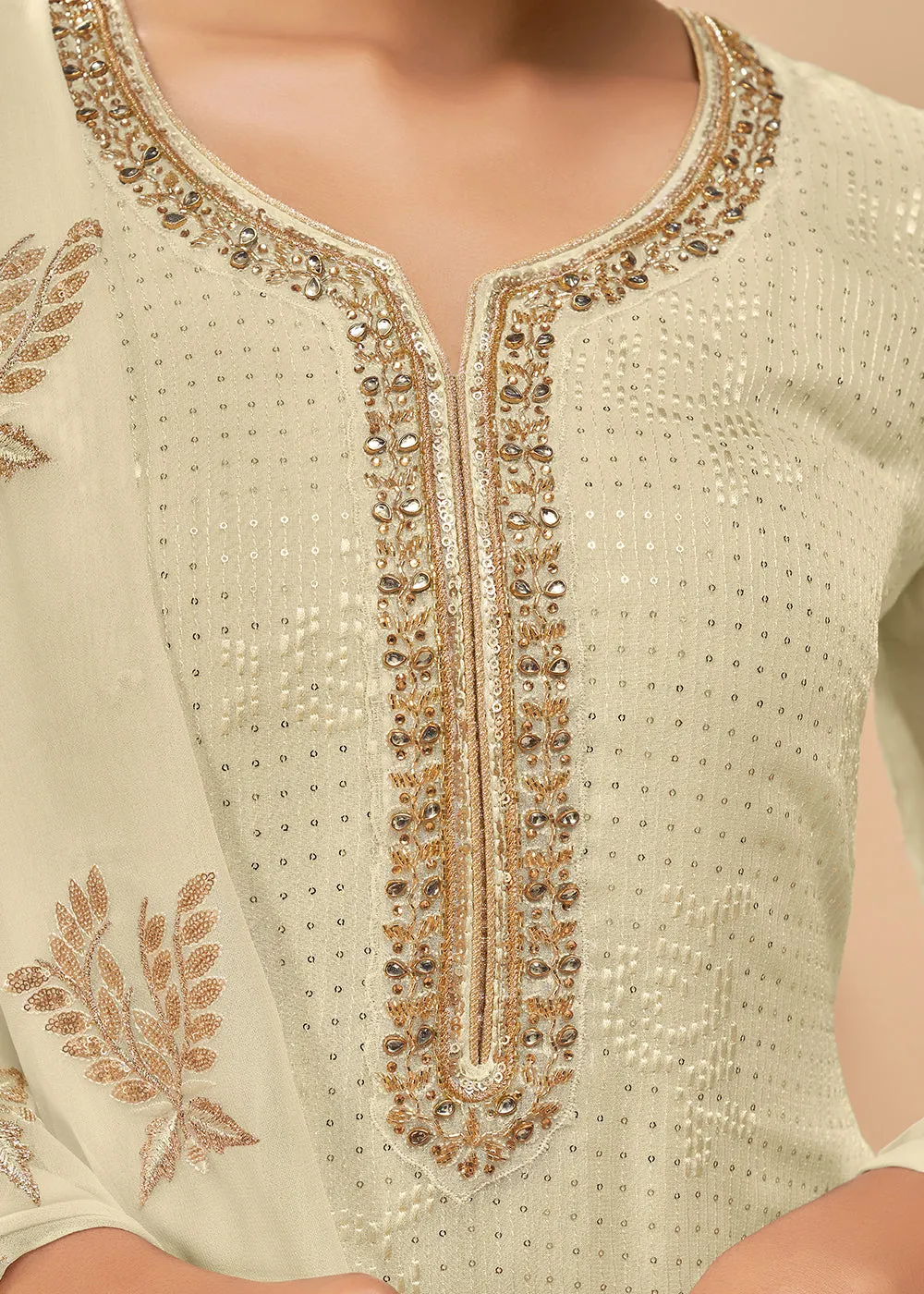 Alluring Off White Sequins & Khatli Work Festive Palazzo Suit