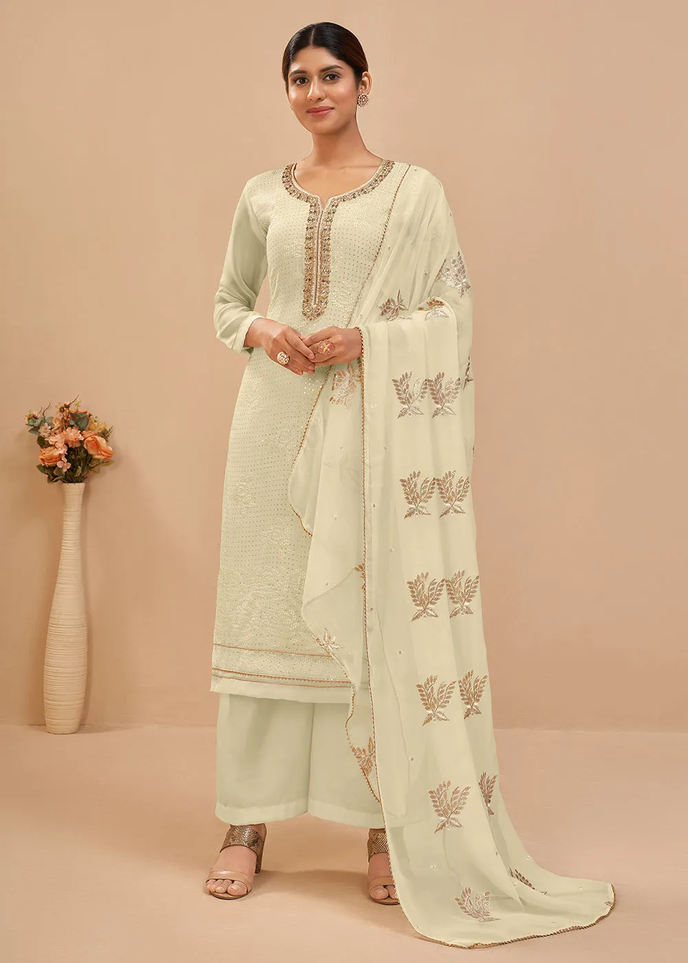 Alluring Off White Sequins & Khatli Work Festive Palazzo Suit