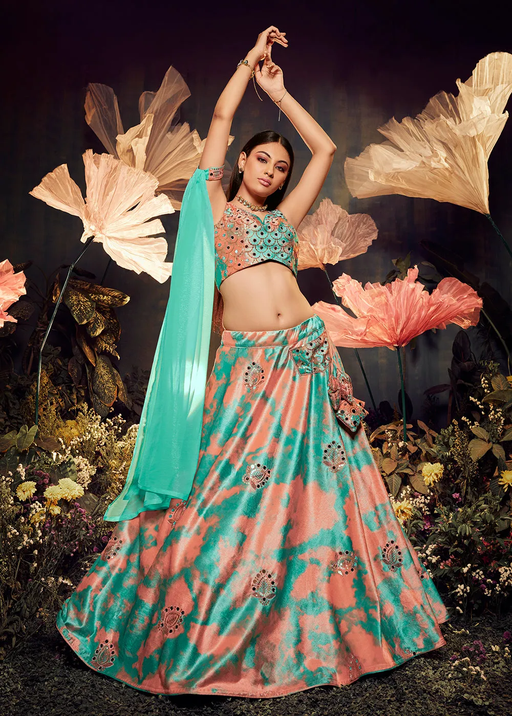 Beautiful Turquoise-Orange Sequins & Mirror Velvet Lehenga Choli