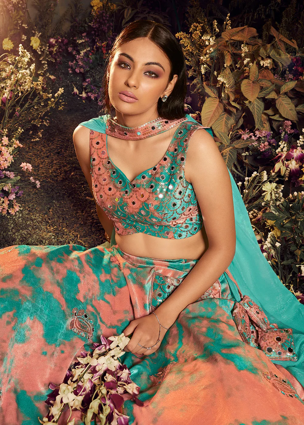 Beautiful Turquoise-Orange Sequins & Mirror Velvet Lehenga Choli