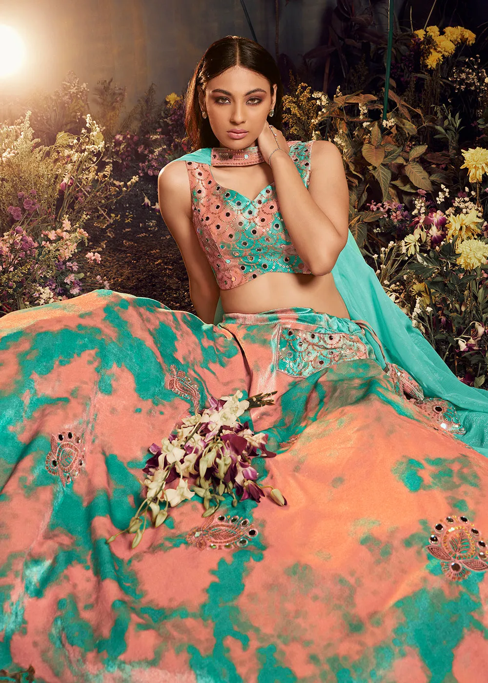 Beautiful Turquoise-Orange Sequins & Mirror Velvet Lehenga Choli