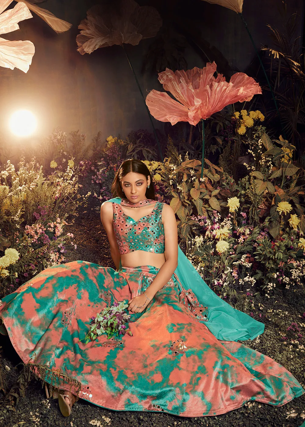 Beautiful Turquoise-Orange Sequins & Mirror Velvet Lehenga Choli