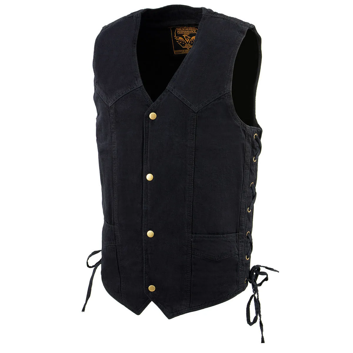 BLACK Milwaukee Leather DM1315 Men's Black Denim Classic Side Lace Snap Front Vest