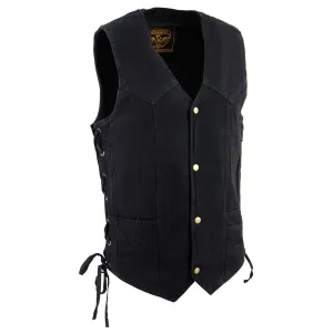 BLACK Milwaukee Leather DM1315 Men's Black Denim Classic Side Lace Snap Front Vest