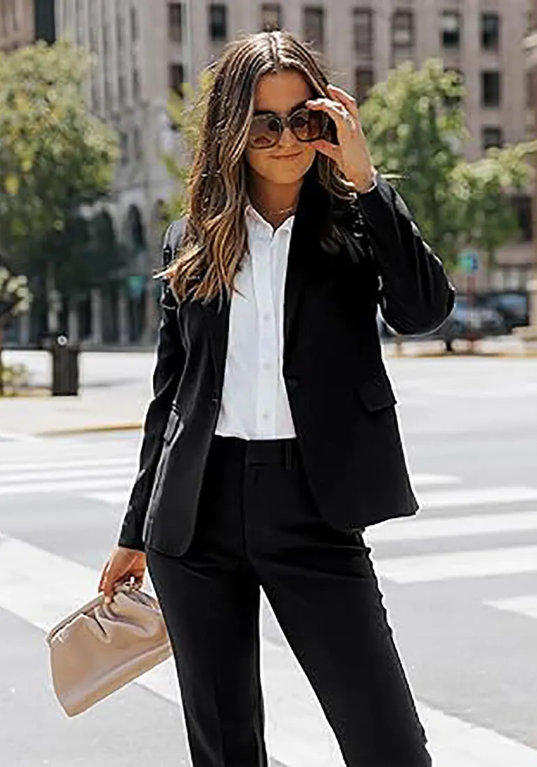 Black Women's Blazer Set Business Casual Full Fit Blazer Jackets and Straight Pant Suits with Pockets