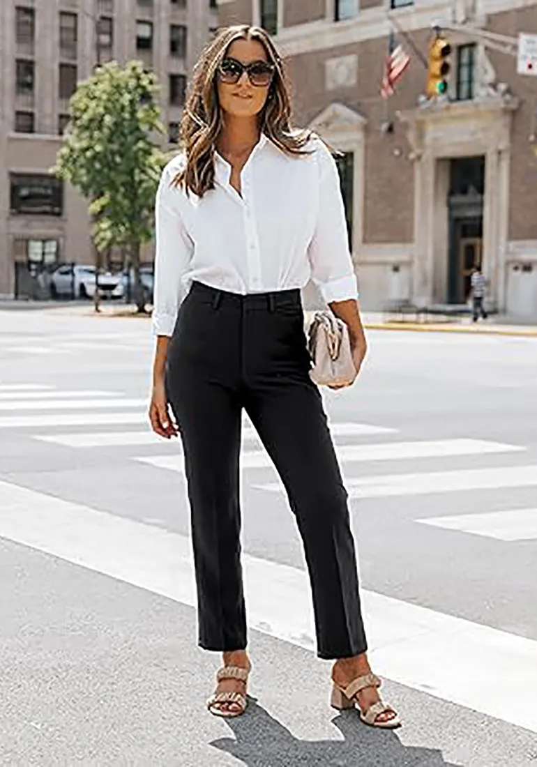 Black Women's Blazer Set Business Casual Full Fit Blazer Jackets and Straight Pant Suits with Pockets