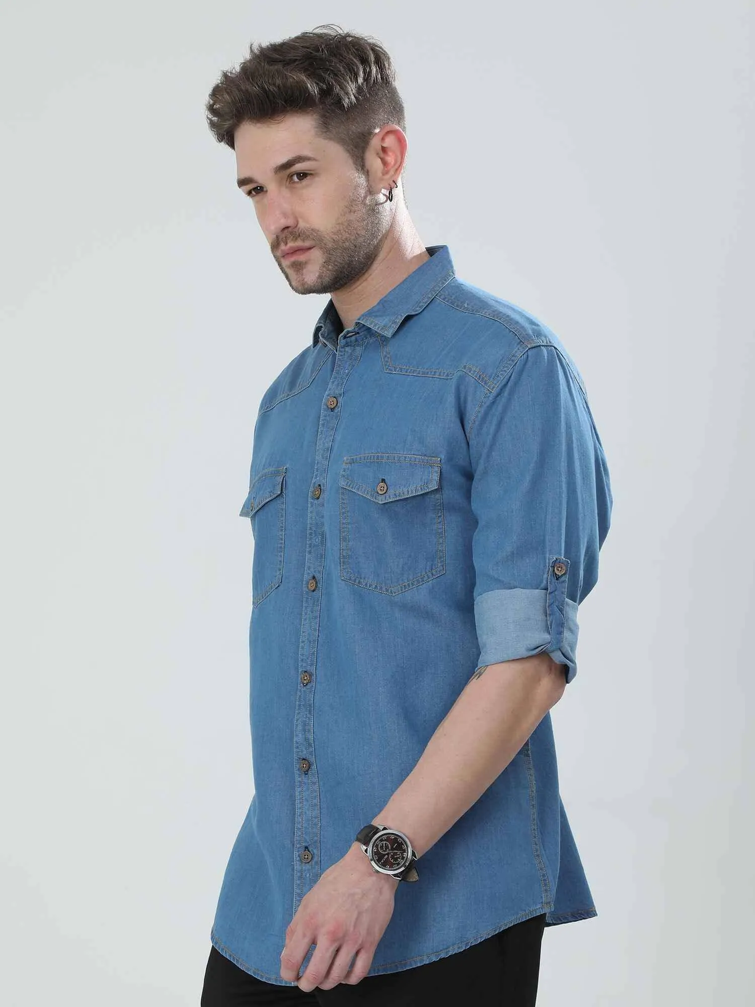 Blue Denim Double Pocket Full Sleeve Shirt