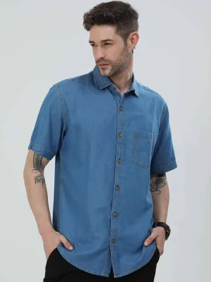 Blue Denim Single Pocket Half Sleeve Shirt