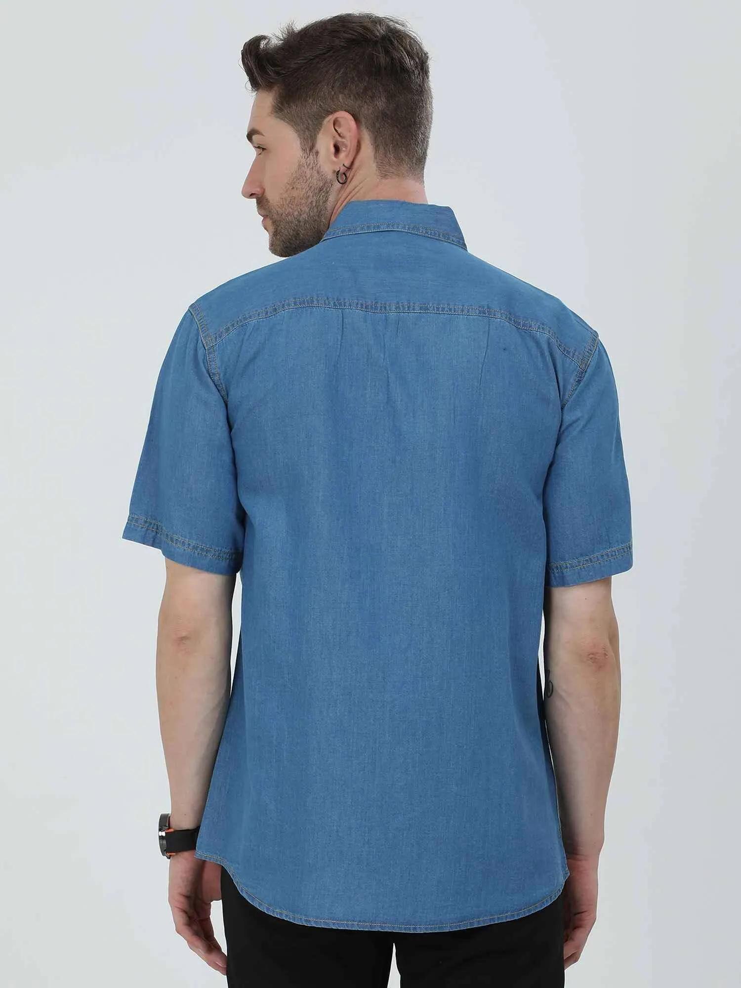 Blue Denim Single Pocket Half Sleeve Shirt