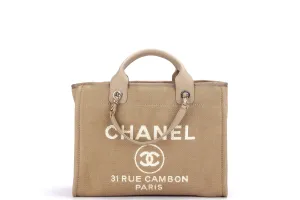 CHANEL AS3351 DEAUVILLE (PLU2xxxx) MM SIZE, KHAKI BEIGE COLOR, CANVAS & LIGHT GOLD CHAIN, WITH DUST COVER & BOX