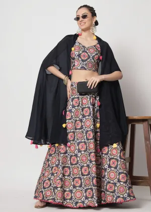 Chinon Silk Navy Blue Sequins & Printed Wedding Party Lehenga Choli