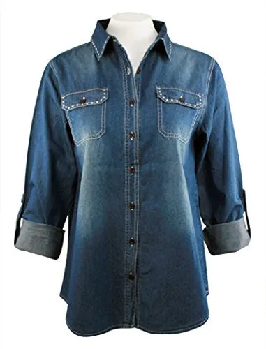 Christine Alexander - Clear Crystal Trim, Denim Shirt with Swarovski Crystals