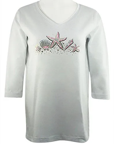 Christine Alexander - Starfish & Sea Shells, 3/4 Slv Top With Swarovski Crystal