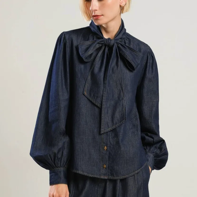 Darling in Denim Bow Tie Chambray Top