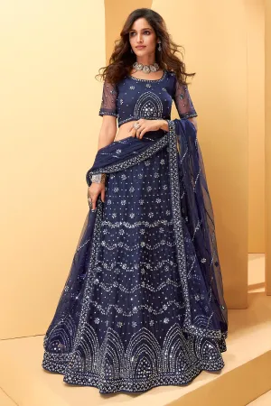 Denim Blue Mirror Work Embroidered Wedding Lehenga