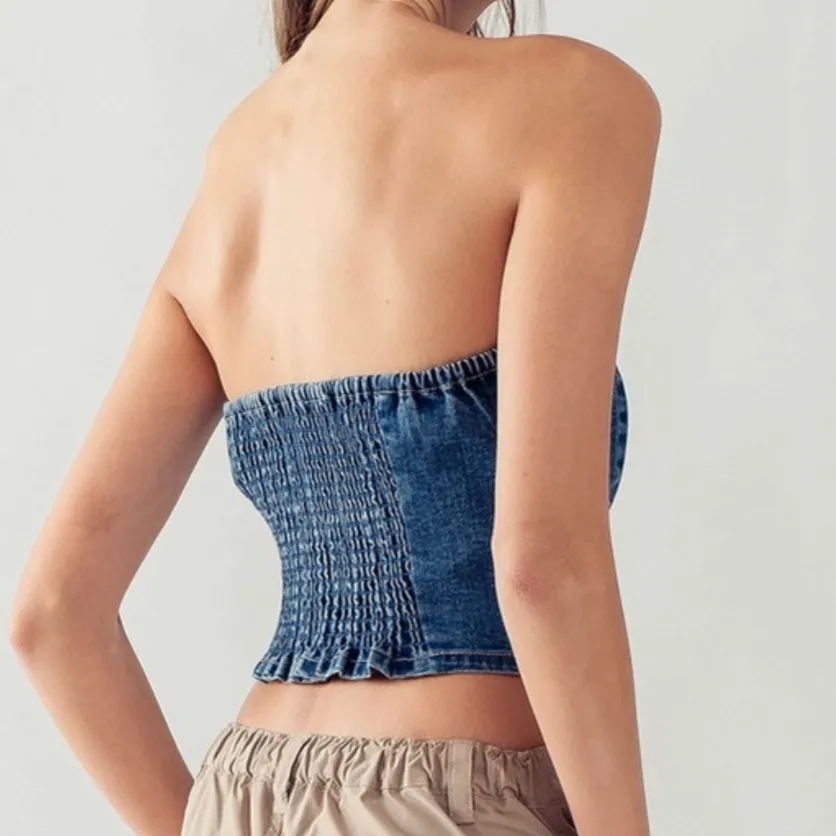 Denim Dreams Button Front Crop Tube Top