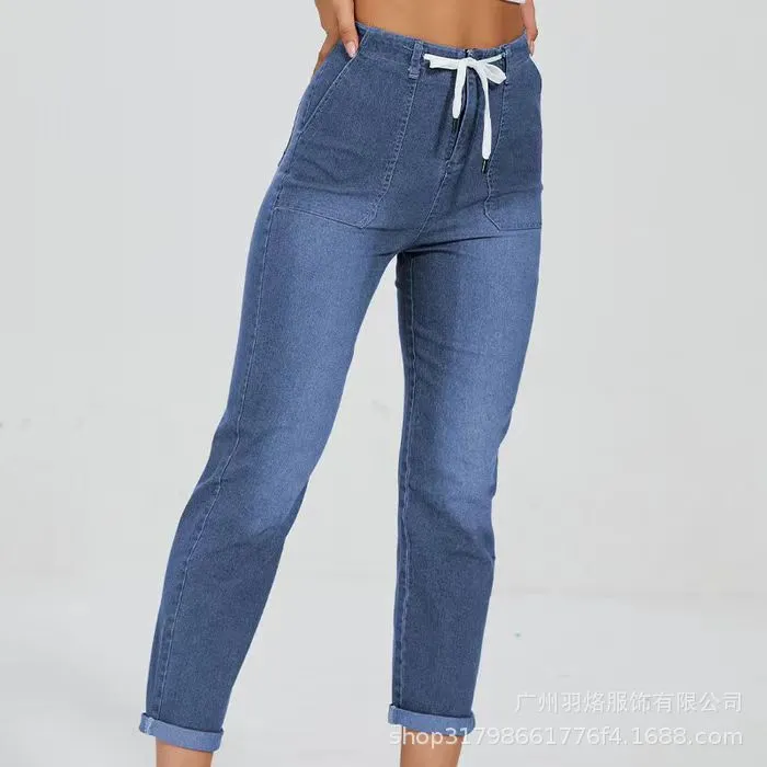 Denim Women's Pants Belt Design Elastic