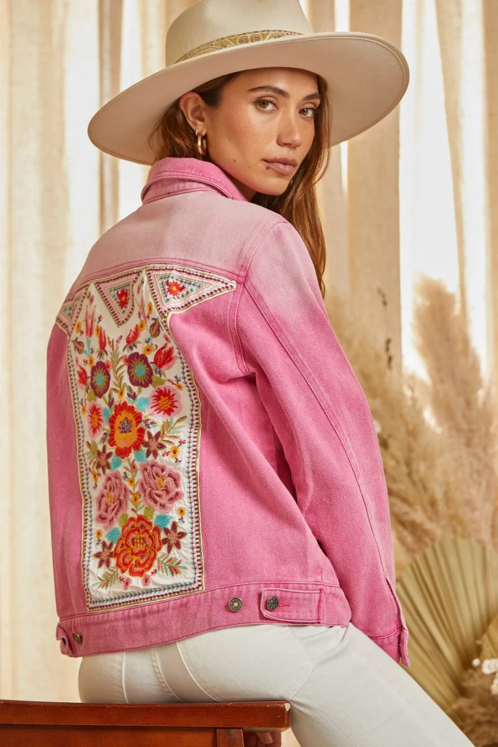 Embroidered Denim Jacket, Pink