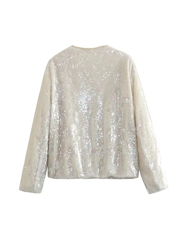 Loose Puff Sleeves Sequined Zipper Round-Neck Jackets Outerwear