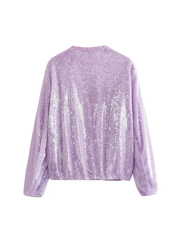 Loose Puff Sleeves Sequined Zipper Round-Neck Jackets Outerwear