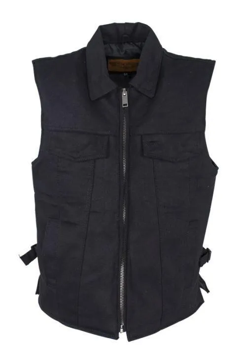 Men’s Black Denim Motorcycle Club Vest with Folded Collar & Hidden Snaps, MV8010-BD-DL