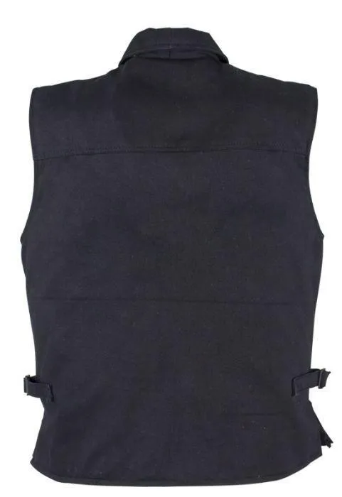 Men’s Black Denim Motorcycle Club Vest with Folded Collar & Hidden Snaps, MV8010-BD-DL