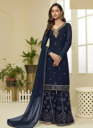 Navy Blue Embroidered Faux Georgette Gota Work Sharara Suit