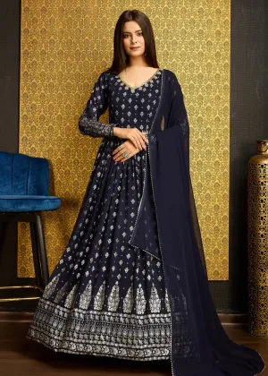 Navy Blue Metalic Foil Work Embroidered Wedding Wear Gown