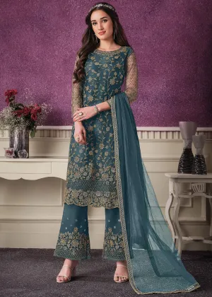 Pant Style Teal Blue Sequins Embroidered Designer Suit