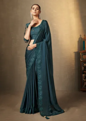 Parisian Blue Satin Silk Swarovski Embroidered Designer Saree