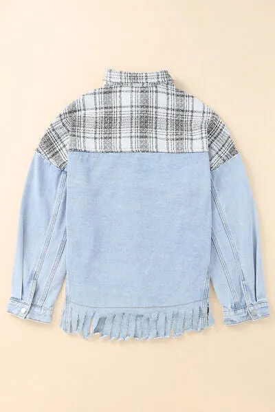 Plaid Pocketed Snap Down Denim Jacket