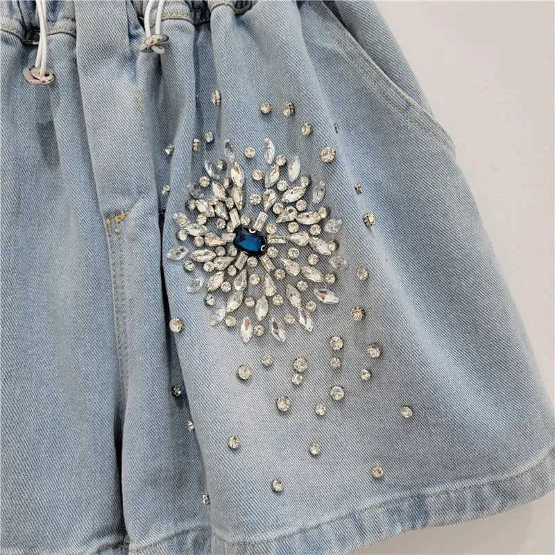 Pre Order:  Diamond Elastic Waist Drawstring Denim Shorts