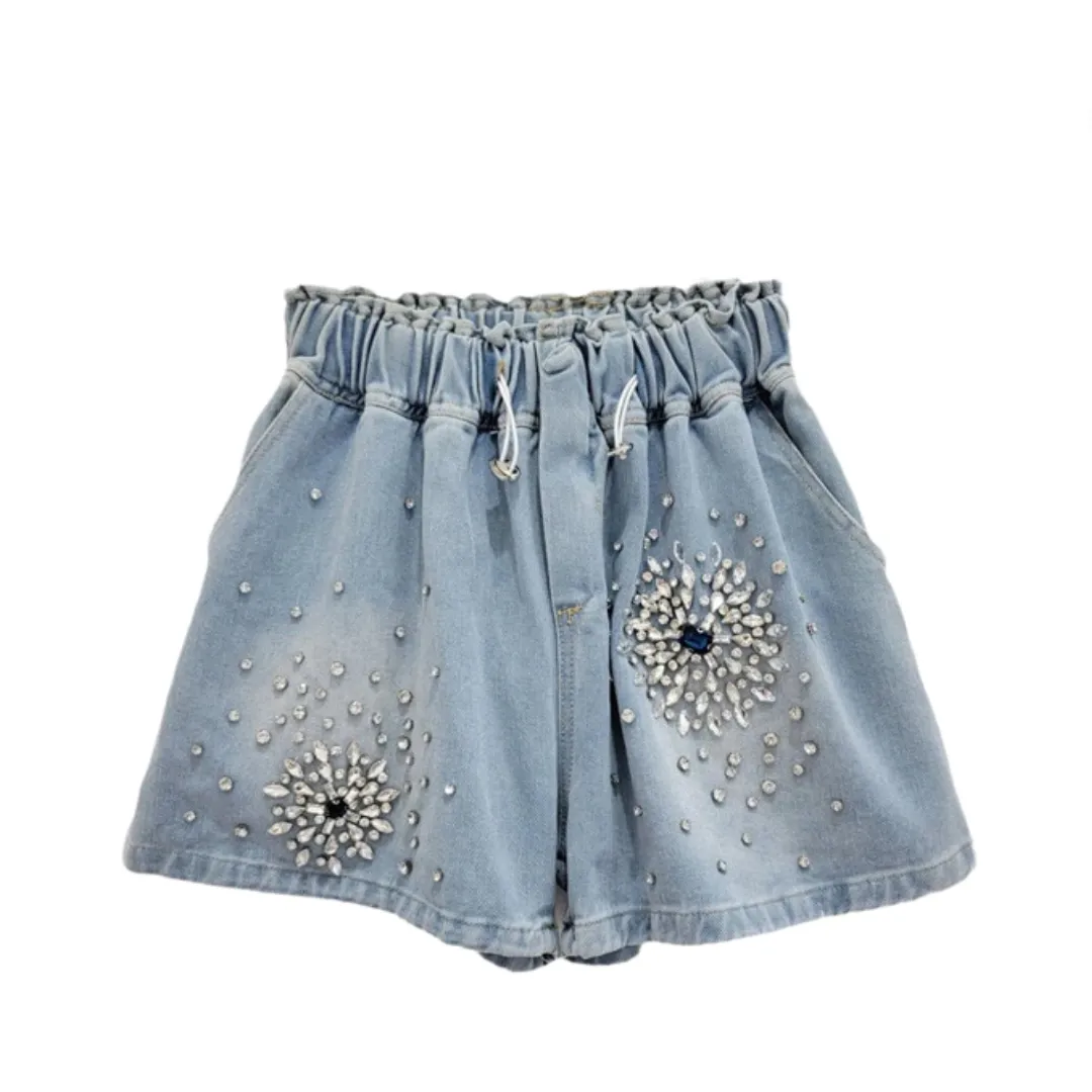 Pre Order:  Diamond Elastic Waist Drawstring Denim Shorts