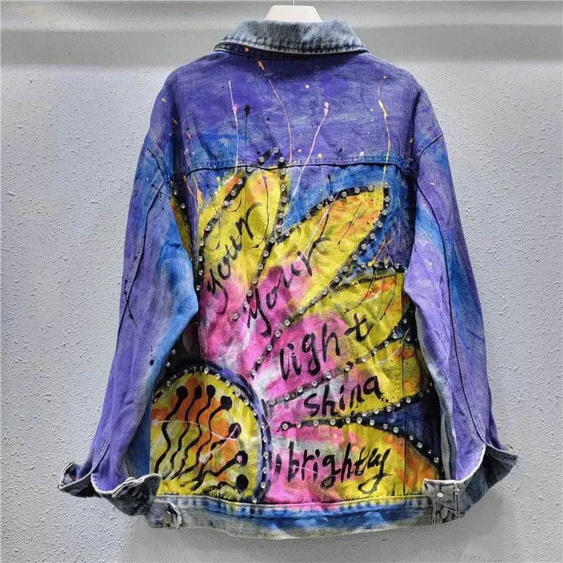 Pre Order:  Diamond Studded Hand Drawn Graffiti Denim Jacket