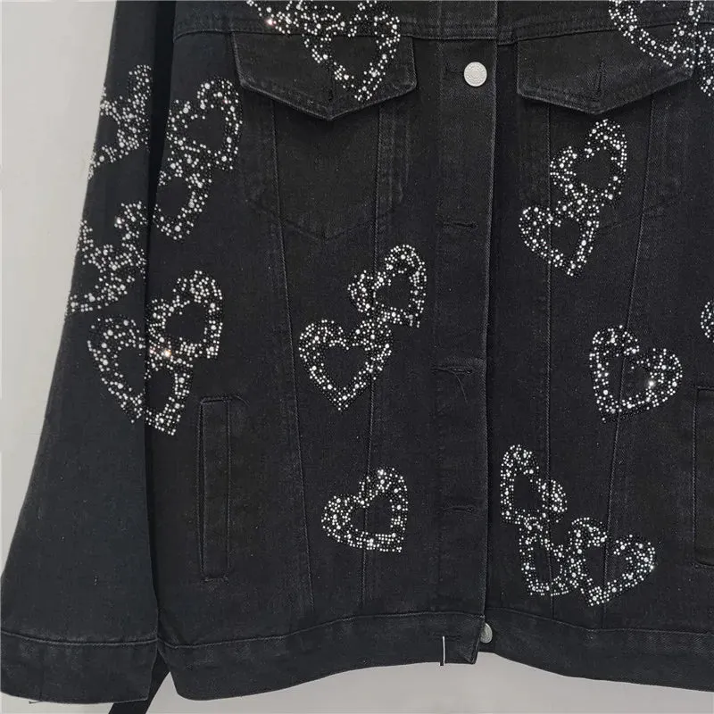 Pre Order:  Heart Diamond Beaded Black Denim Jacket