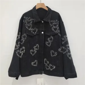 Pre Order:  Heart Diamond Beaded Black Denim Jacket