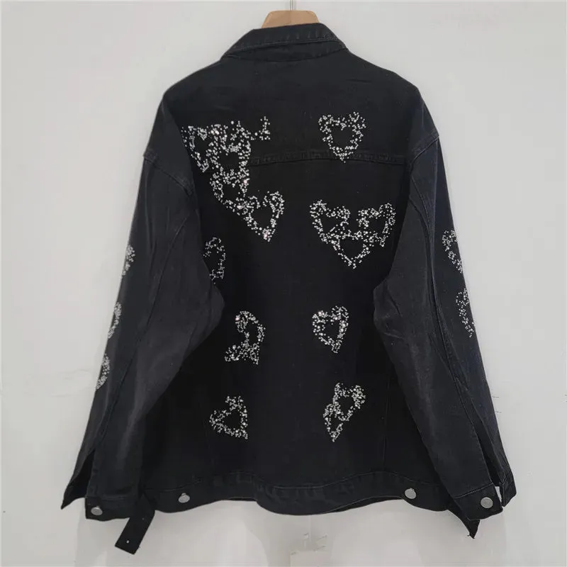 Pre Order:  Heart Diamond Beaded Black Denim Jacket