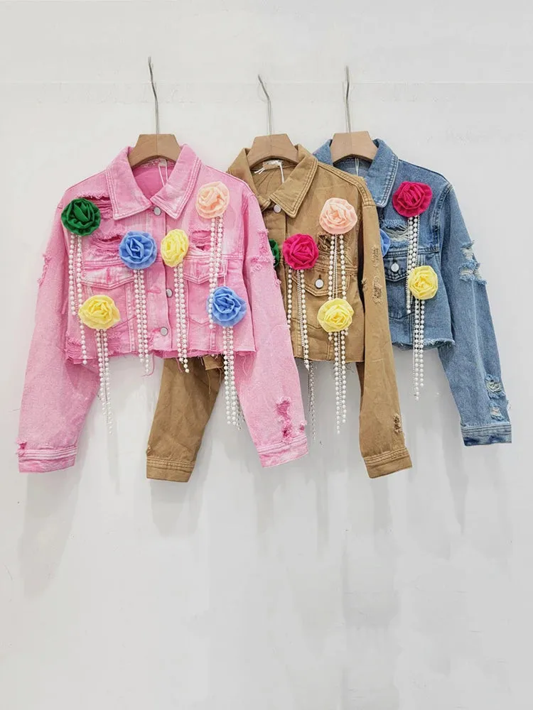 Pre Order:  Spliced Colorful Flower Diamond Tassel Denim Jacket