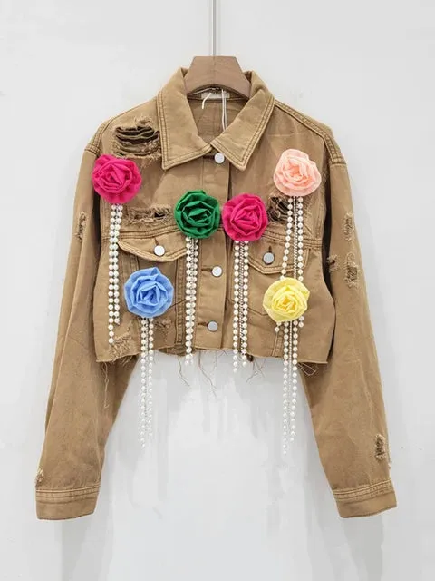 Pre Order:  Spliced Colorful Flower Diamond Tassel Denim Jacket