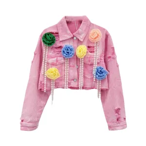 Pre Order:  Spliced Colorful Flower Diamond Tassel Denim Jacket