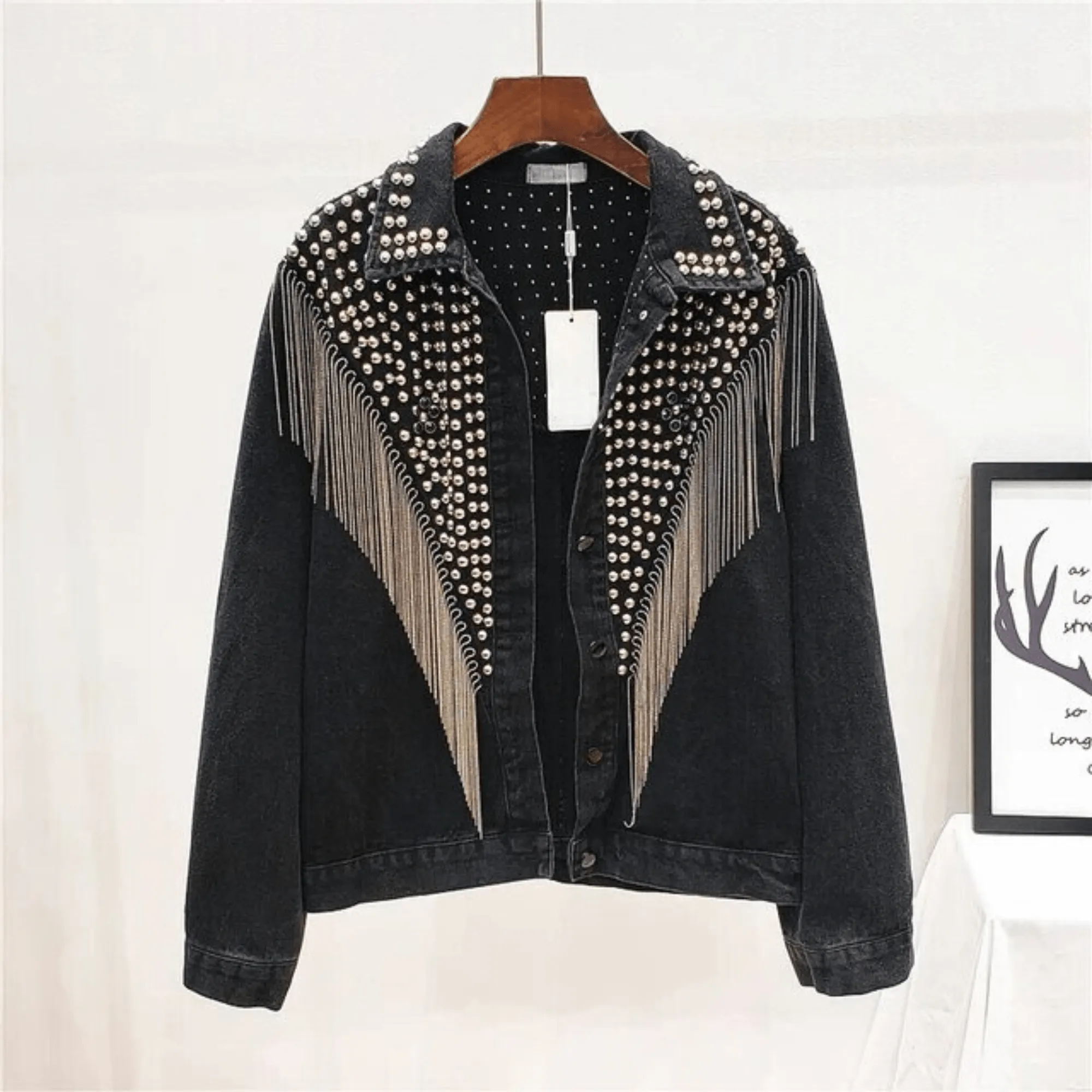 Pre Order:  Tassels and Rivets Embellished Denim Jacket