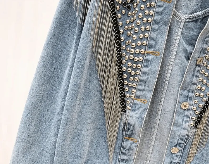 Pre Order:  Tassels and Rivets Embellished Denim Jacket