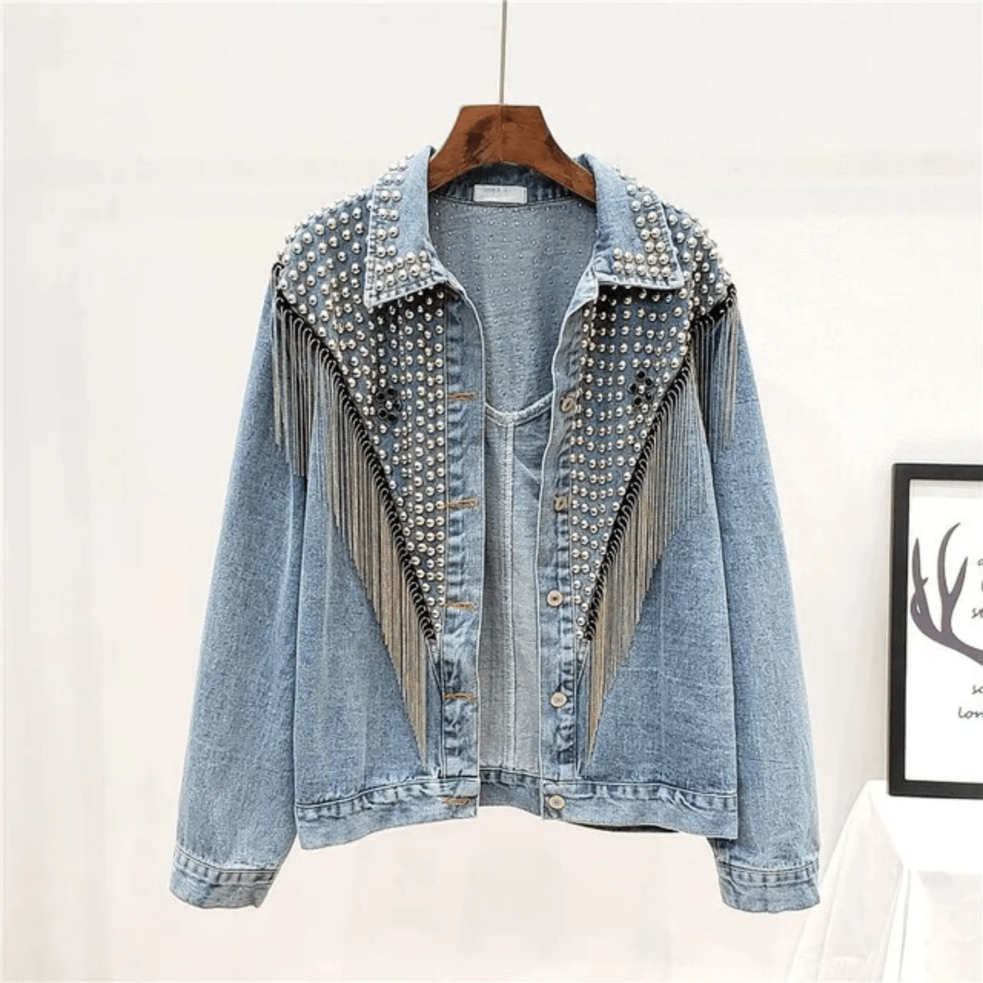 Pre Order:  Tassels and Rivets Embellished Denim Jacket