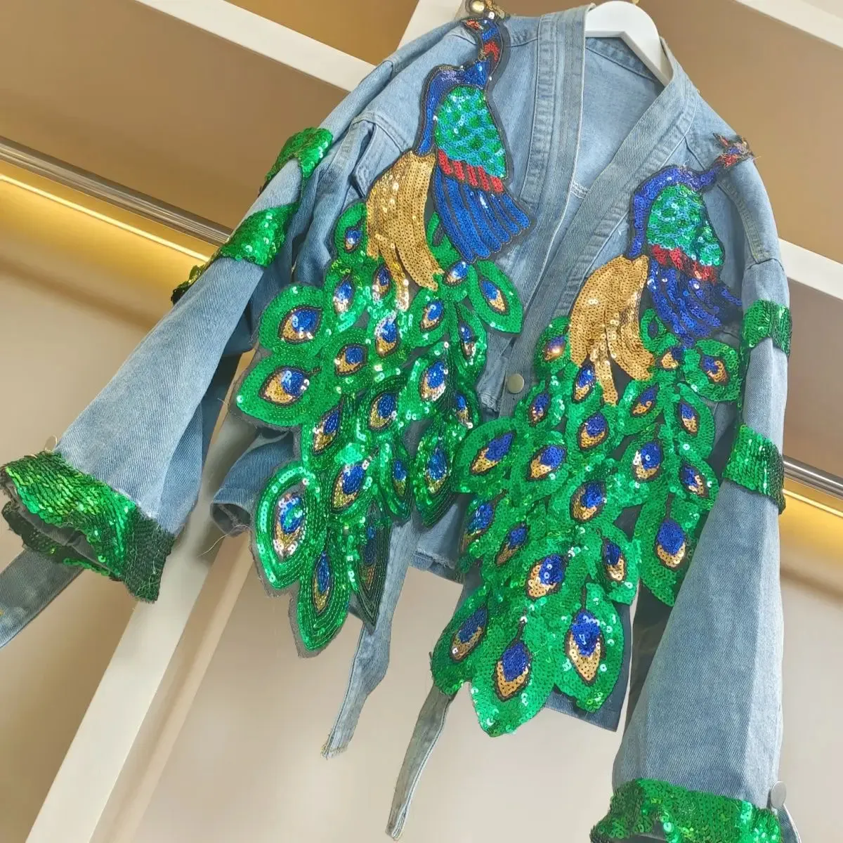 Pre Order:  V-neck 3D Peacock Sequined Embroidery Denim Jacket