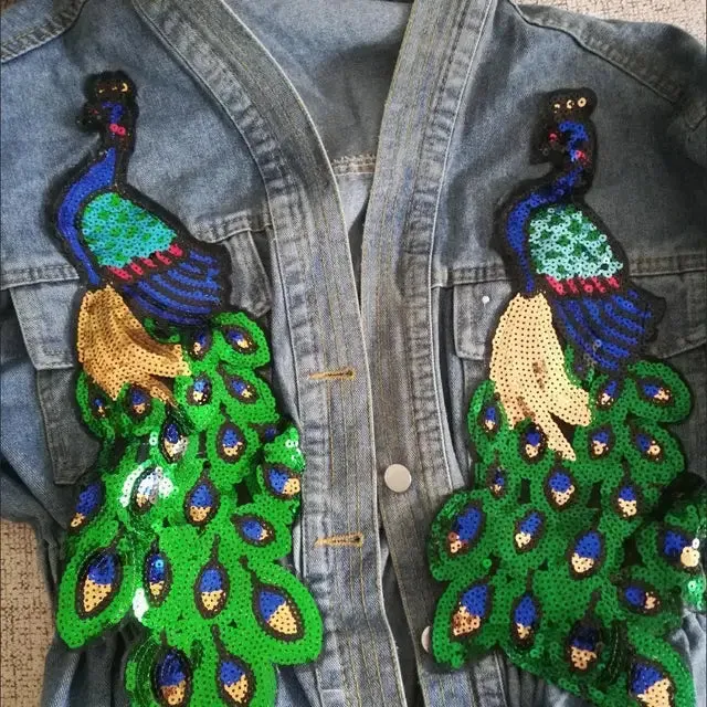 Pre Order:  V-neck 3D Peacock Sequined Embroidery Denim Jacket