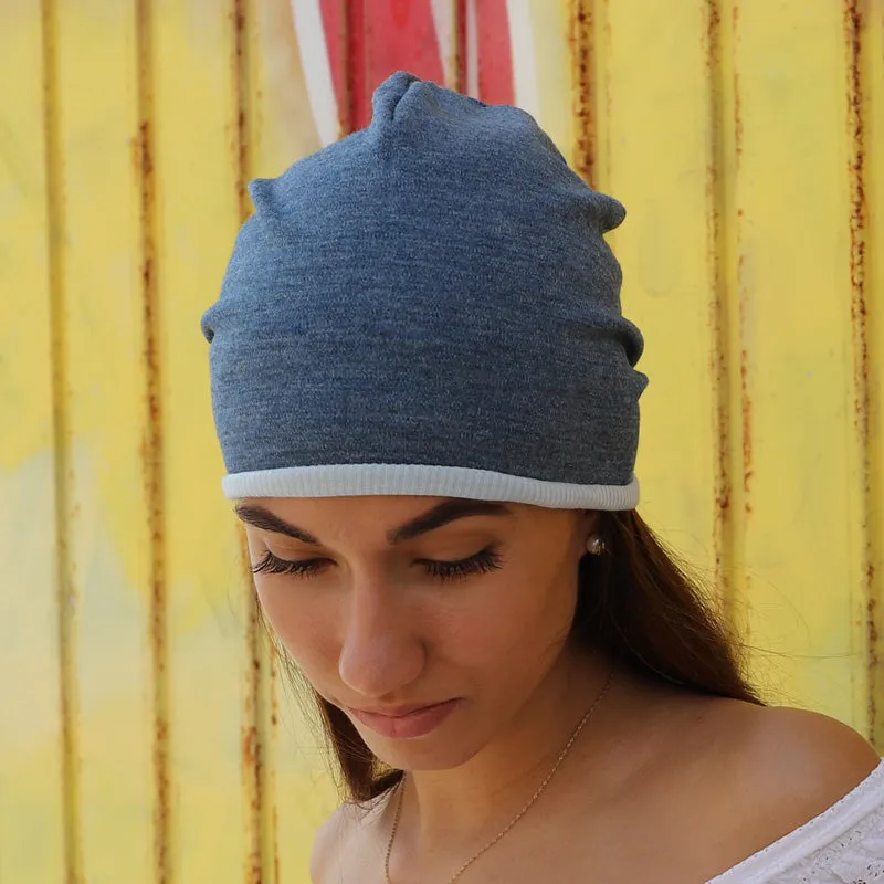 Purple Sardine Beanie Hat - Reversible Light Blue/Denim