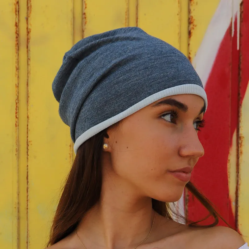 Purple Sardine Beanie Hat - Reversible Light Blue/Denim